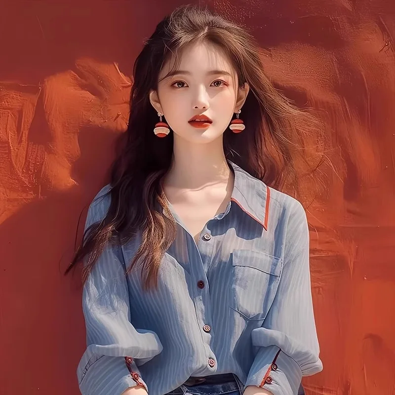 

Women's New Unique Blue Striped Lapel Shirt for Spring 2026