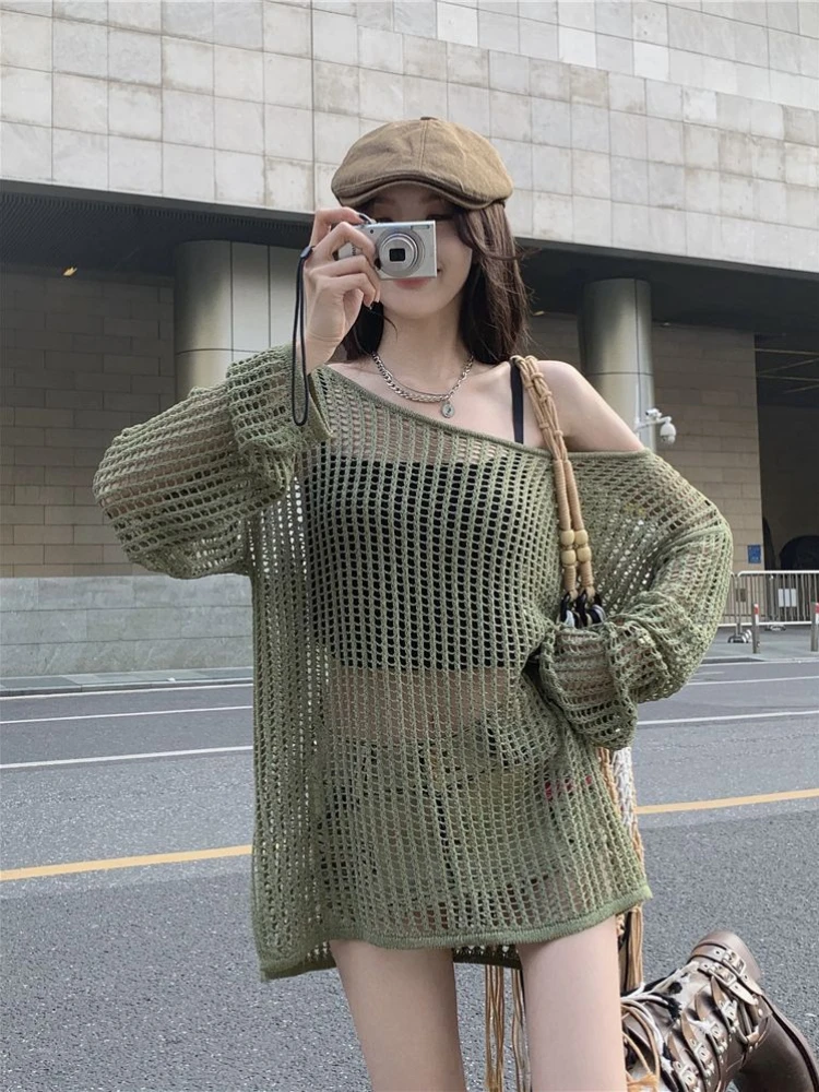 Knitted Pullover Hollow Out O-neck Solid Color Loose Casual Sexy Spring Summer 2024 Korean Fashion T-shirt.