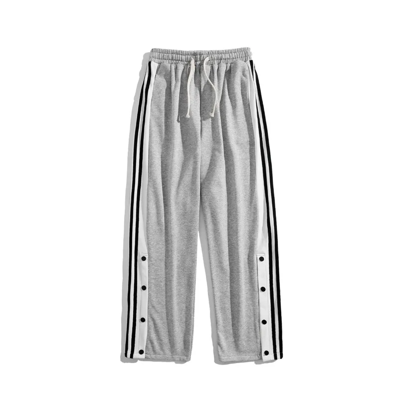 Spring Autumn Men's Solid Elastic High Waisted Striped Buttons Casual Loose Wide Leg Sportswear Trousers Fashion Vintage Pants