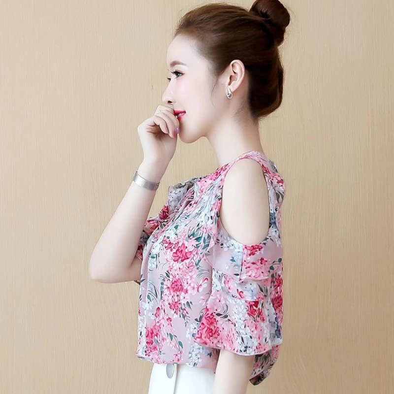 

Женская стильная блузка для студенток с открытыми плечами, шифоновая рубашка, новинка лета 2026, с рюшами на рукавах, с цветочным принтом