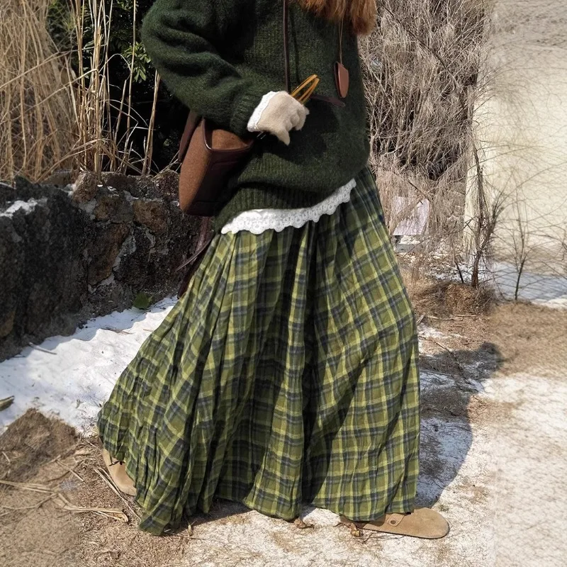 Y2k Harajuku Style Green Plaid Maxi Skirt Vintage Fashion Casual Womens High Waist Loose A Line Long Skirt with Pleats Large Hem