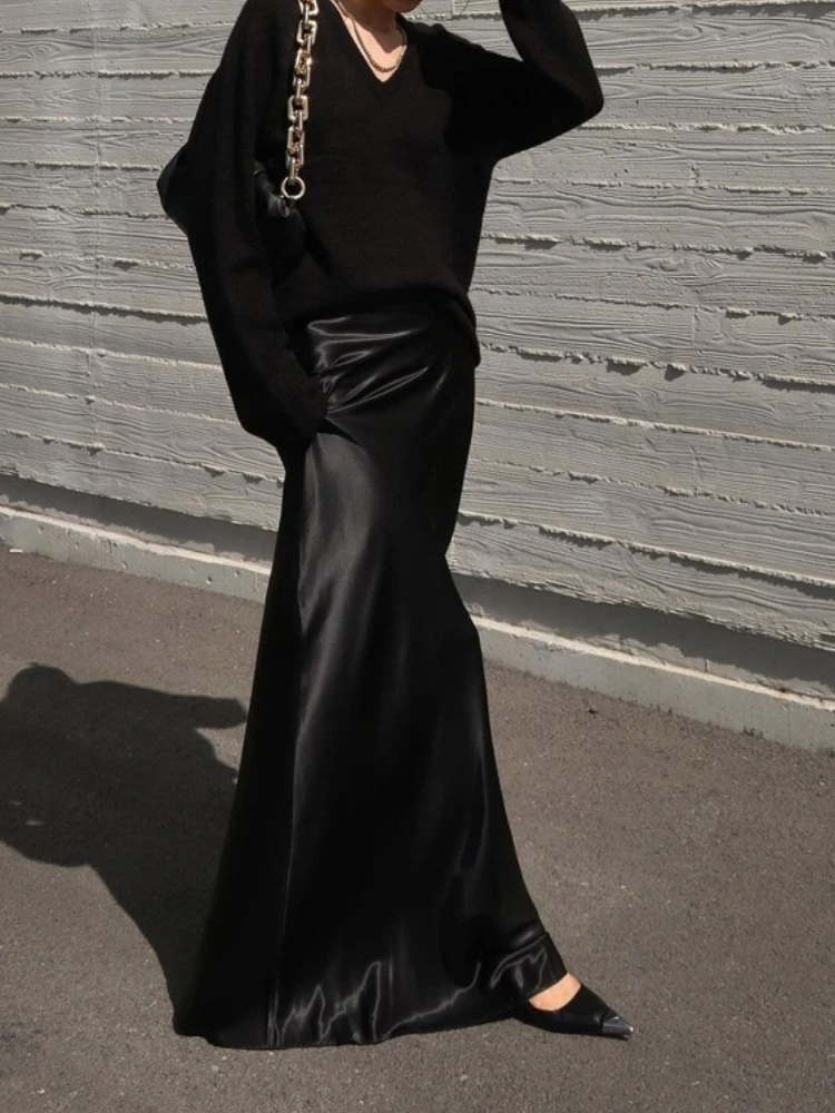 Tossy Black Satin Elegant Long Skirt For Women Solid High Waist Patchwork Slim Commute Straight Bodycon Skirt Women's Maxi Skirt