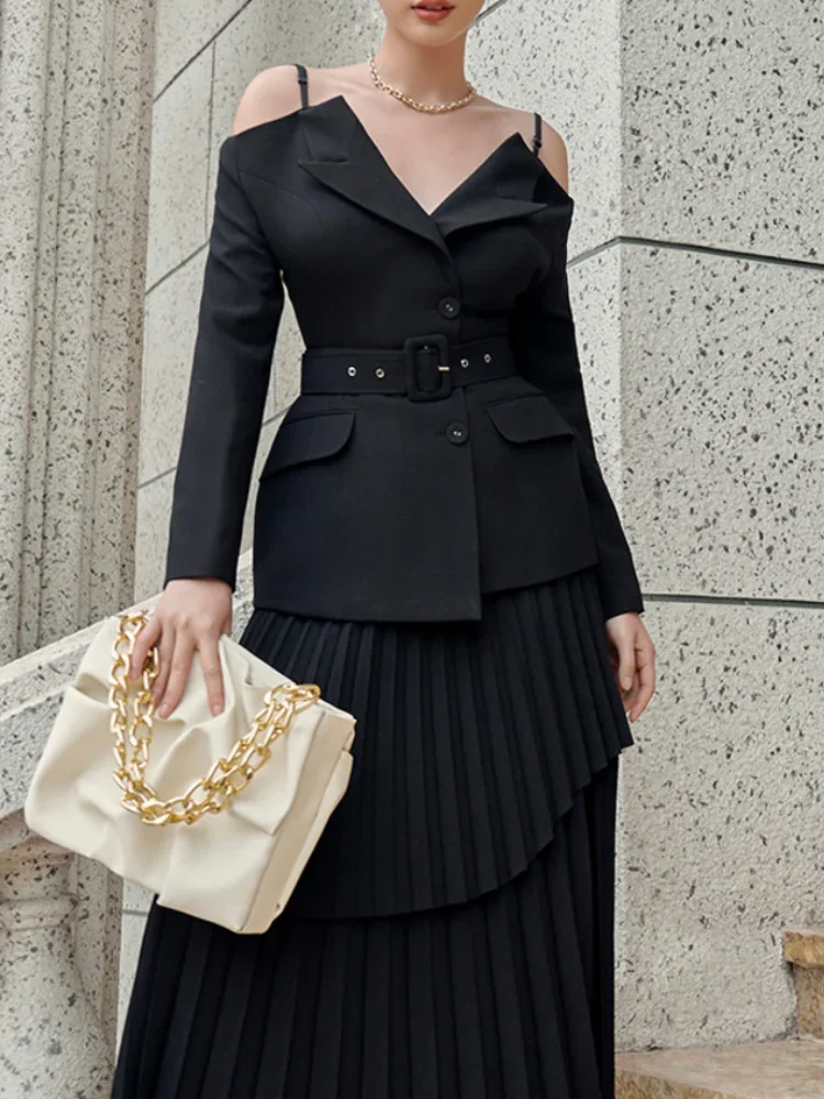 2024 Spring New Fashion V-neck Open Akimbo Belt Coat Patchwork Pleated Irregular Skirt Two Sets
