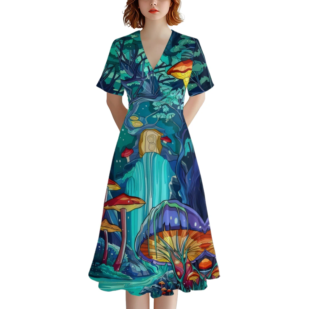 Summer Dress V Neck Stylish Party Dresses Fashion Women Psychedelic Dress  A-Line Evening Dresses Chic Robe Trendy Girl Vestido