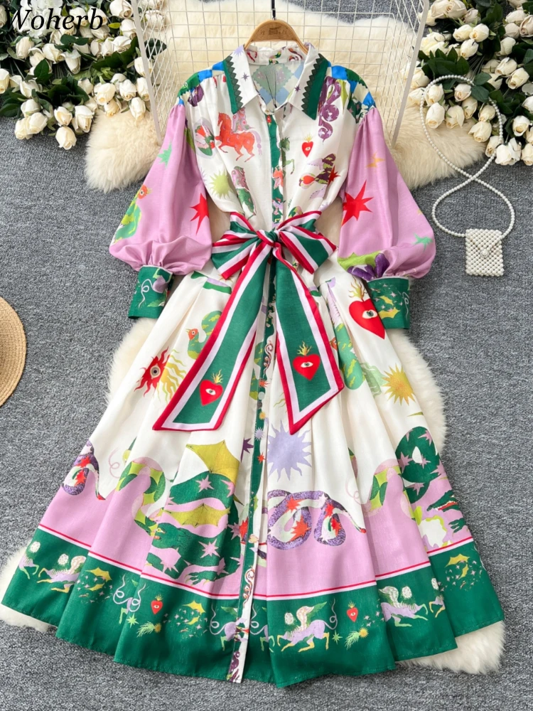 2024 Vestidos De Mujer Autumn Floral Dresses for Women Lantern Sleeve Robe Femme Vintage Slim Waist Bandage Temperament Dress