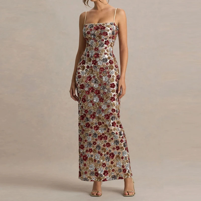 Robe de soirée élégante à paillettes, Slim, à bretelles, Sexy, sans manches, épaules dénudées, mode, taille haute, fendue, longue