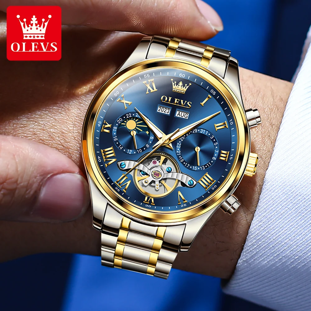 OLEVS Luxury Men\'s Watches Fashion Waterproof Multifunctional Fully Automatic Mechanical Watch Complete Calendar Moon Phase