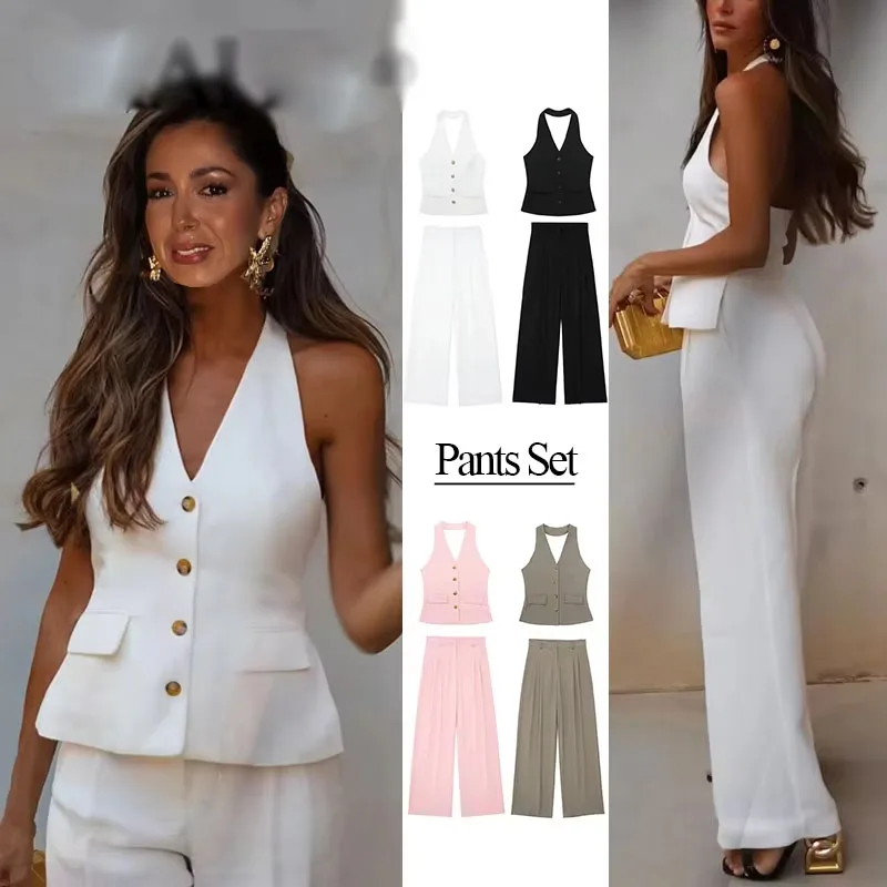 2025 المرأة الأبيض سترة غير رسمية فستان أطفال مع سروال داخلي فضفاض السراويل الطويلة الصلبة أكمام الرسن الرقبة سترة سليم تانك القمم الصيف العصرية