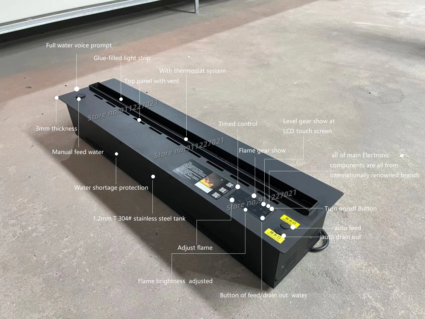 5-letnia gwarancja na automatyzowany elektryczny kominek z efektem parowego mgiełki 3D i symulacją wody parowej.
