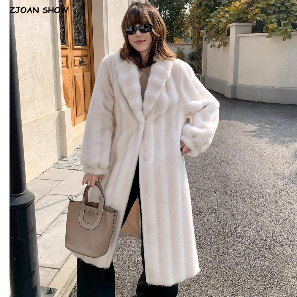 

Новое зимнее пальто из искусственного норкового меха с 3D тиснением в полоску, шикарное женское пальто с воротником с лацканами и пуговицами, свободная верхняя одежда миди с длинными рукавами, молочная