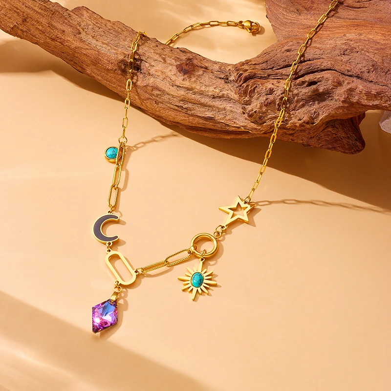 LAMENGLY 316l Stainless Steel Multi Element Splicing Amethyst Moon Stars Turquoise Elements Necklace Creative Clavicle Chain