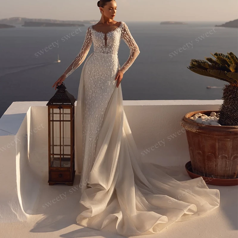 

Luxury Detachable Train Weddingdress Organza With Embroidery Mermaid Ballgown Fullsleeve O-Neck Customized Bride Vestido De Novi