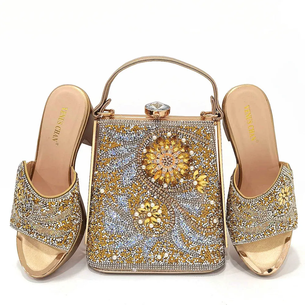 

Latest Yellow Color Italian Women Wedding Shoes and Bag Set Decorated with Rhinestone Sales In Women Matching Shoes and Bag Set