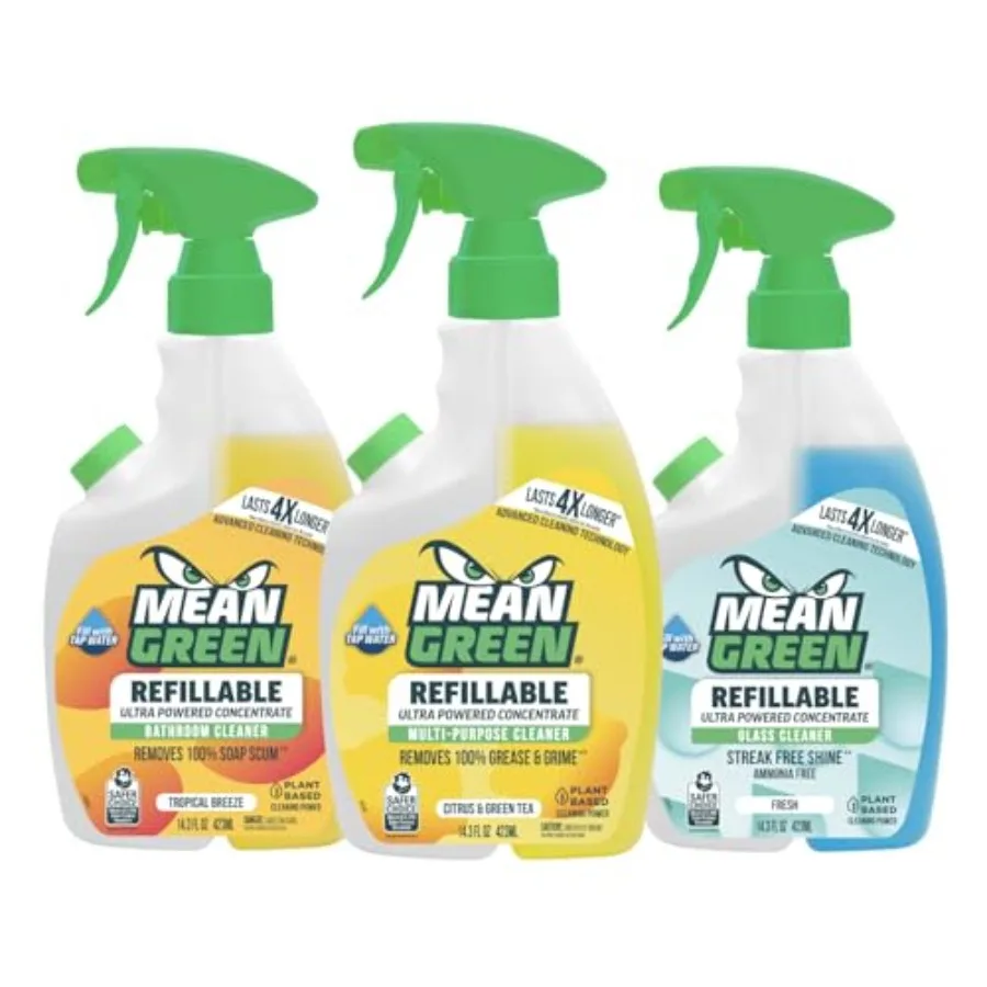 

Mean Green Ultra Powered Refillable Cleaner Concentrate Variety 3 Pack Multi-Purpose Citrus and Green Tea, Bathroom Tropical Br