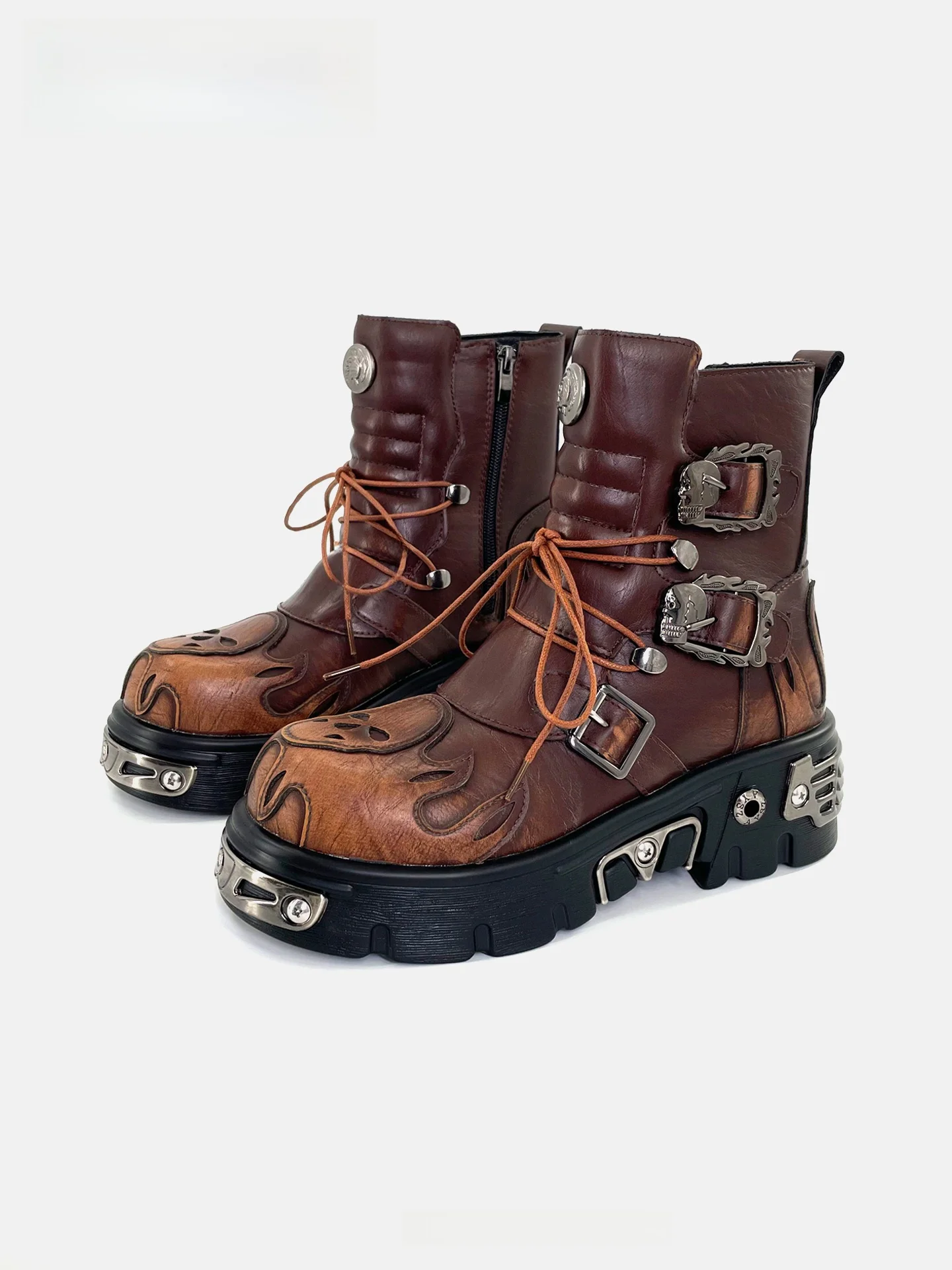 

Punk Style Men's Boots Thick Bottom Motorcycle Boots Retro Dark Flame Short Boots Versatile Belt Buckle Motorcycle Boots