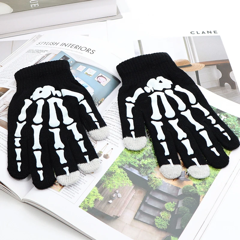 Nuevos guantes Punk Unisex Halloween esqueleto calavera guantes de dedo completo que brillan en la oscuridad guantes de invierno de punto elásticos sin dedos