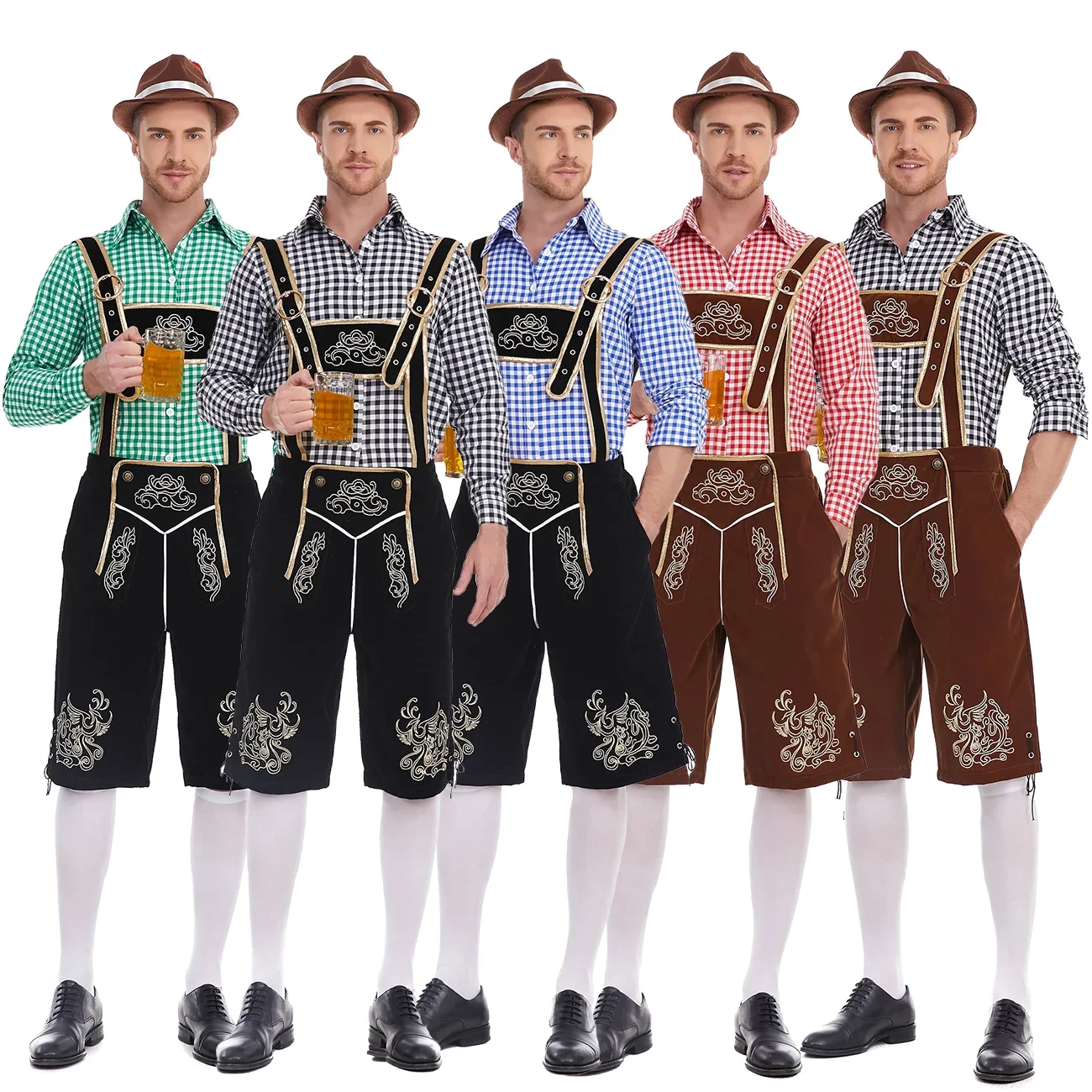 Adulto hombres carnaval Oktoberfest traje 3 unids/set tradicional Alemania cerveza bávara barman tirantes pantalones cortos camisa sombrero Halloween