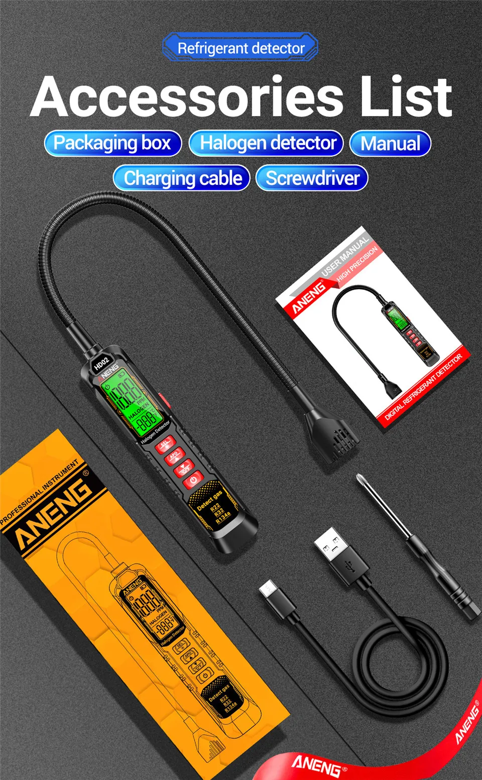 Kältemittelgas-Leckdetektor ANENG HD02 Klimaanlagen-Detektor Halogen-Detektor Hochempfindlicher R22/R32/R134a Lecktester – Detail 13