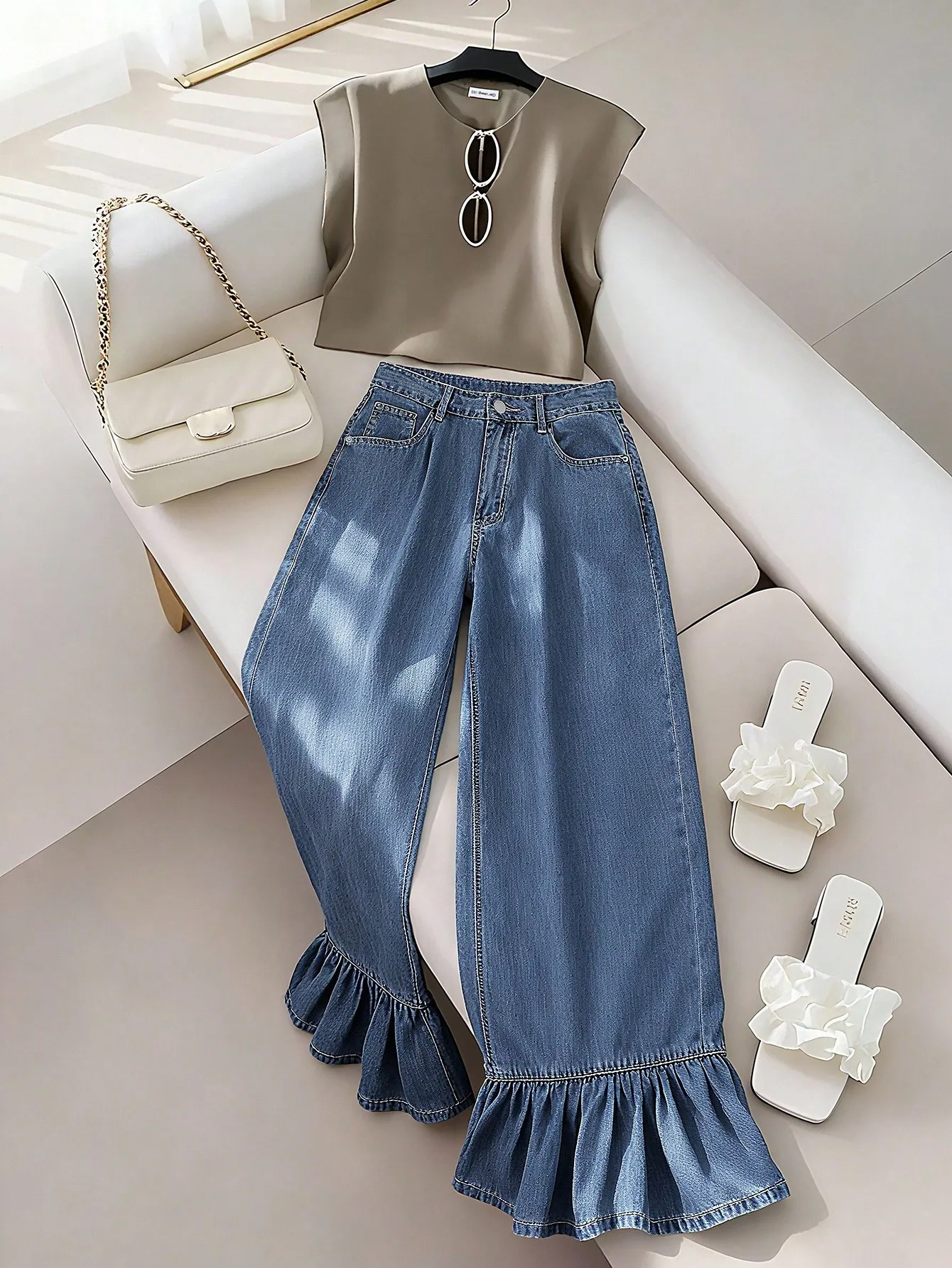 

Женские широкие джинсовые брюки с рюшами по низу, с высокой талией, свободного кроя для повседневной носки