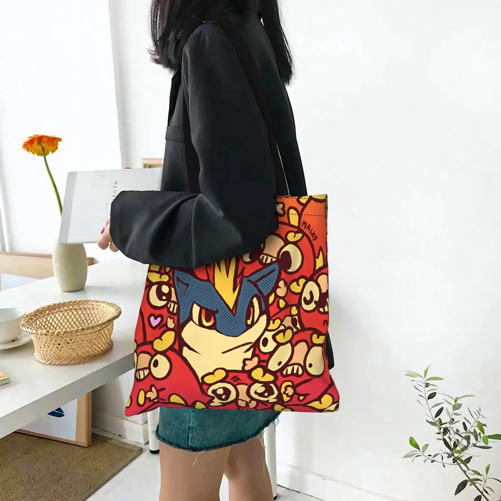 Customized Cartoon Pokemon Theme Women's Bag Shopping Bag Reusable Double Sided Canvas Tote Bag Shoulder  Handbag