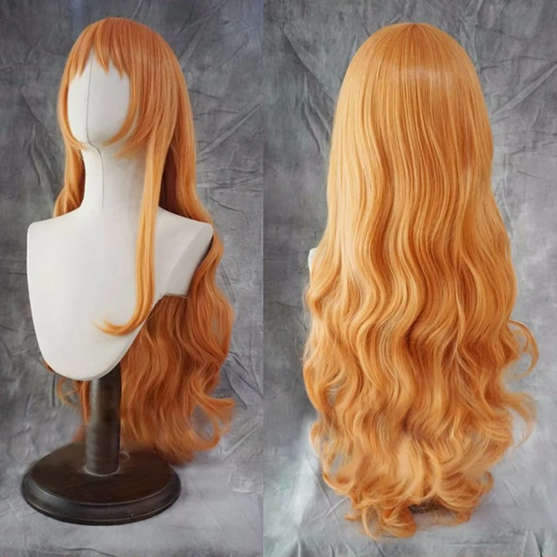 Perruque de Cosplay Nami pour Adulte, Cheveux Synthétiques, Ondulés, Longs, Bouclés, Orange, Degré de Chaleur, Anime OligWomen Girl, Bonnet, 75cm, Nouveau