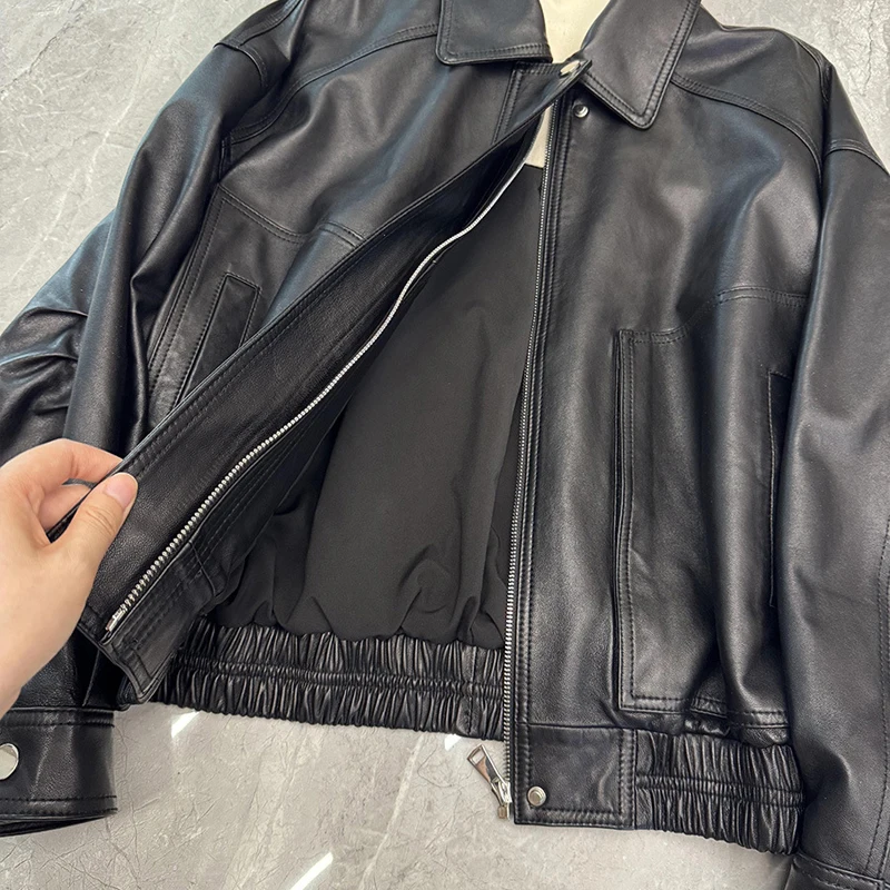 100% 本革ジャケット女性用 2026 カジュアル ルーズフィット オーバーサイズ ボンバー ジャケット ブラック A レベル シープスキン レザー コート
