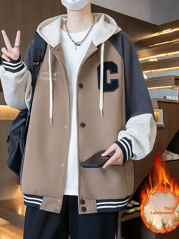 

Thiened Fce Бейсбольная куртка для мужчин с капюшоном Осень-зима Теплая верхняя одежда Casual Street Sle Long Sve Faionable Coat