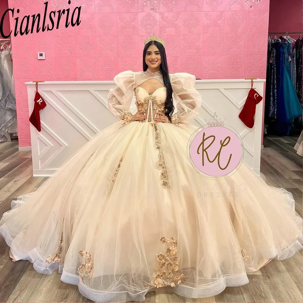 Champagne Illusion Beading 3D Flowers Ball Gown Quinceanera Dresses With Jacket Appliques Lace Corset Vestidos De 15 Años