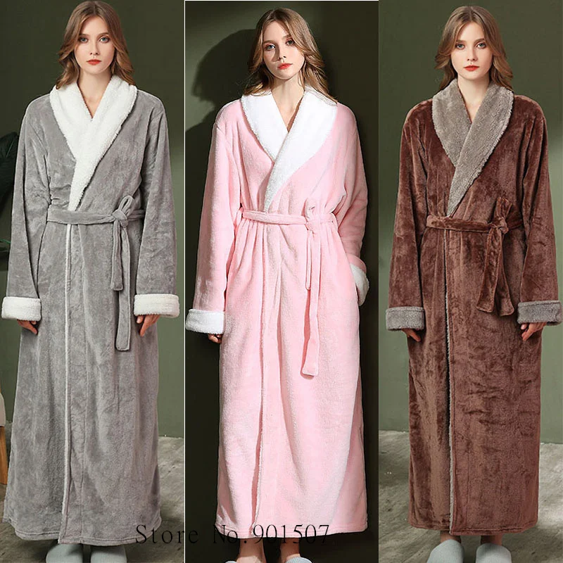 

Warm Flannel Robe Gown Couple Sleepwear Men Shower Robes Long Kimono Bathrobe Women Winter Thick Nightgown Home Clothes Big Size