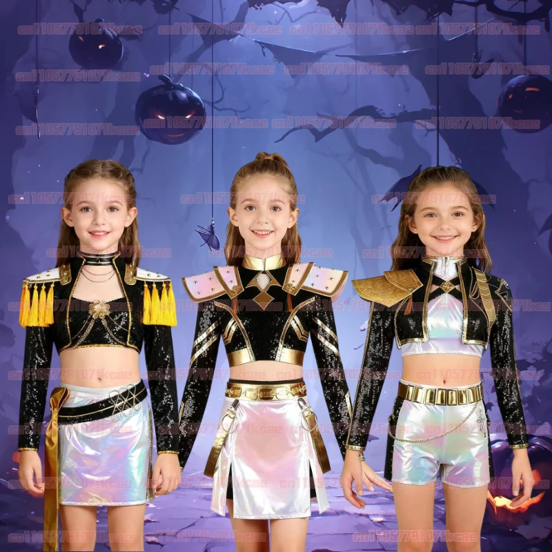 

Kids KPop Demon Hunters black Leather Stage Singing Dress Zoey Mira Rumi Cosplay Costume for Halloween Carnival Fancy Party