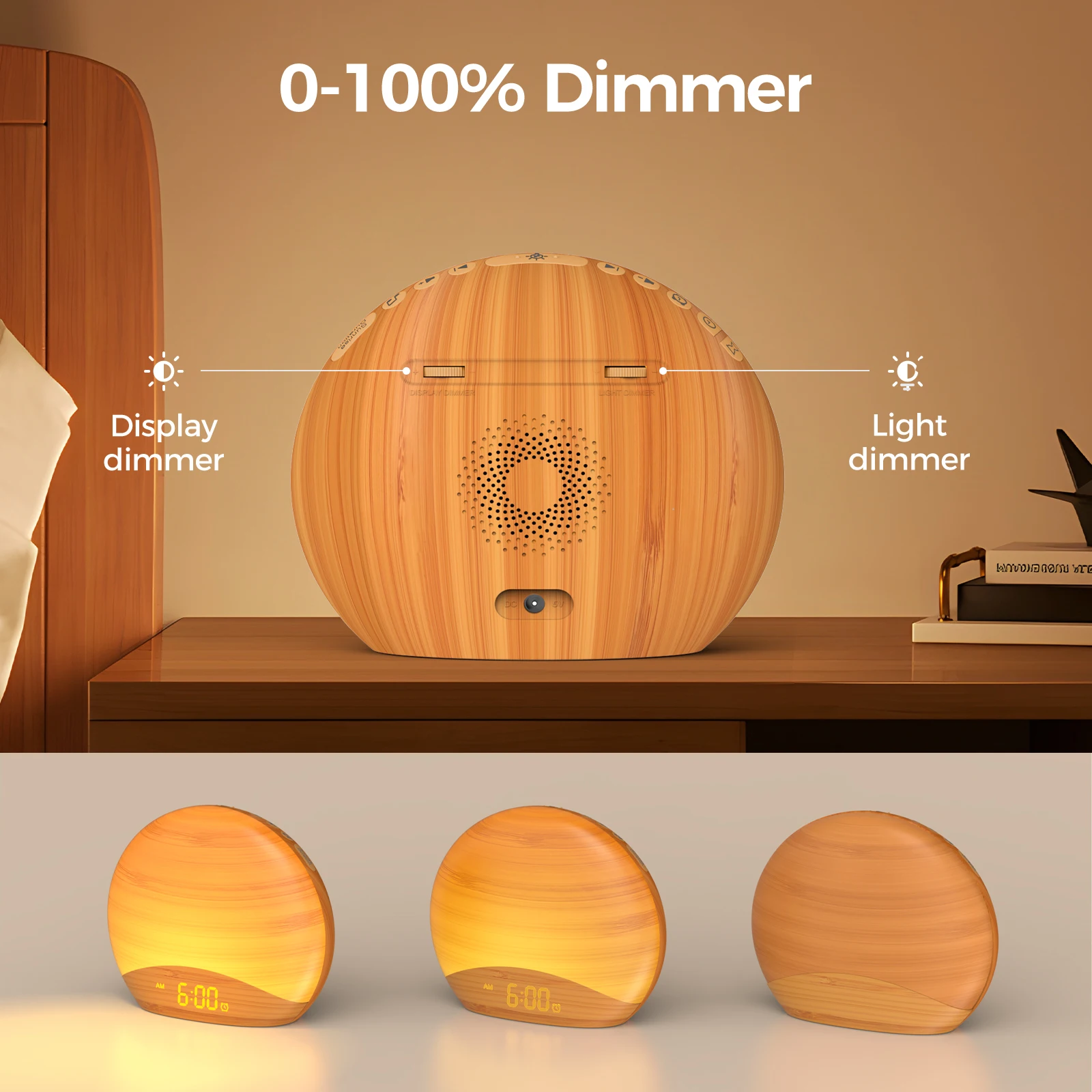 LED Sunrise Alarm Clock, Wake up Light, All Wood Grain, 0-100% Dimming, Digital Clock, 26 Soothing Sound, Sleep White Noise, 8 C