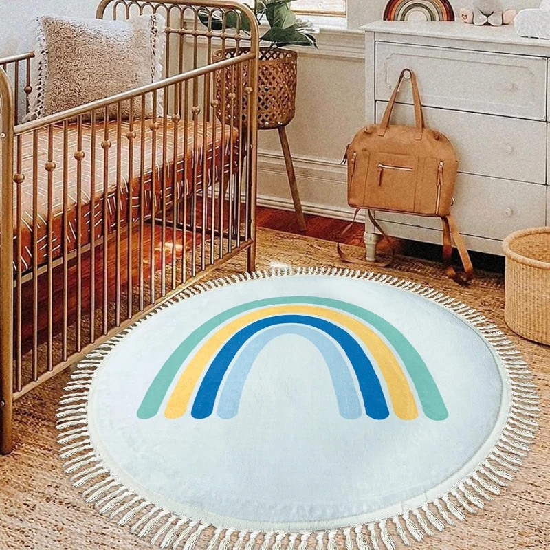 Alfombra para sala de estar, moderna, minimalista, arcoíris, suave, mesa de centro, alfombra con borlas, arte redondo, esponjosa, para dormitorio, mesita de noche