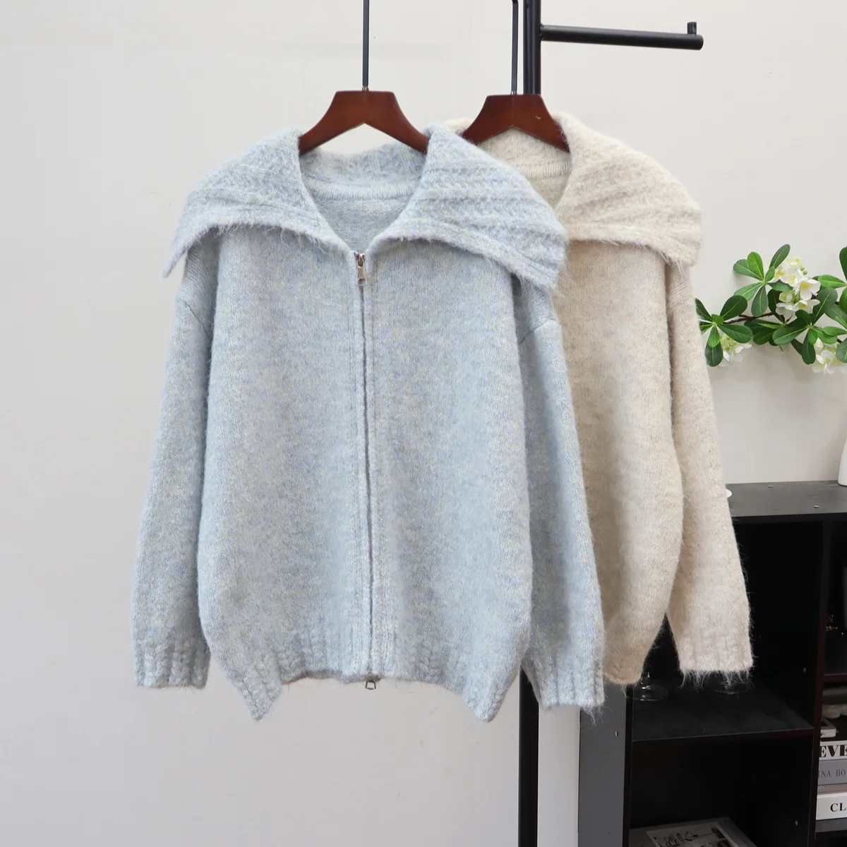 

Knitted Cardigan Sweaters Women Solid Jumper Double Zipper Turn Down Collar Long Sleeves Thick Loose Casual 2025 Autumn Winter