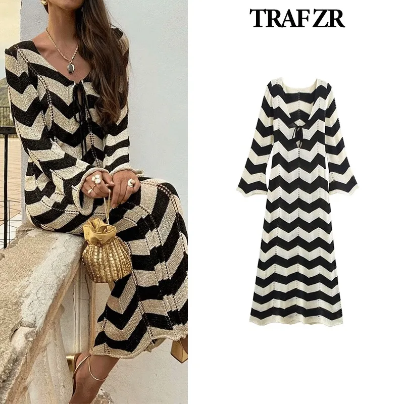 TRAF ZR Dresses with Cutouts High Strecth Knit Dress Beach Wear Robes Midi Party Dress Elegant and Beautiful Women\'s Dresses