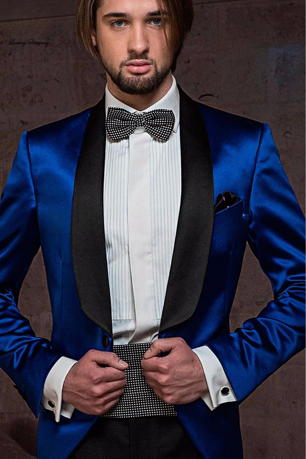 

Royal Blue Satin Men Suit Shawl Lapel Prom Tuxedo Slim Fit 2 Piece Custom Groom Blazer Set Wedding Suits For Men Terno Masculino