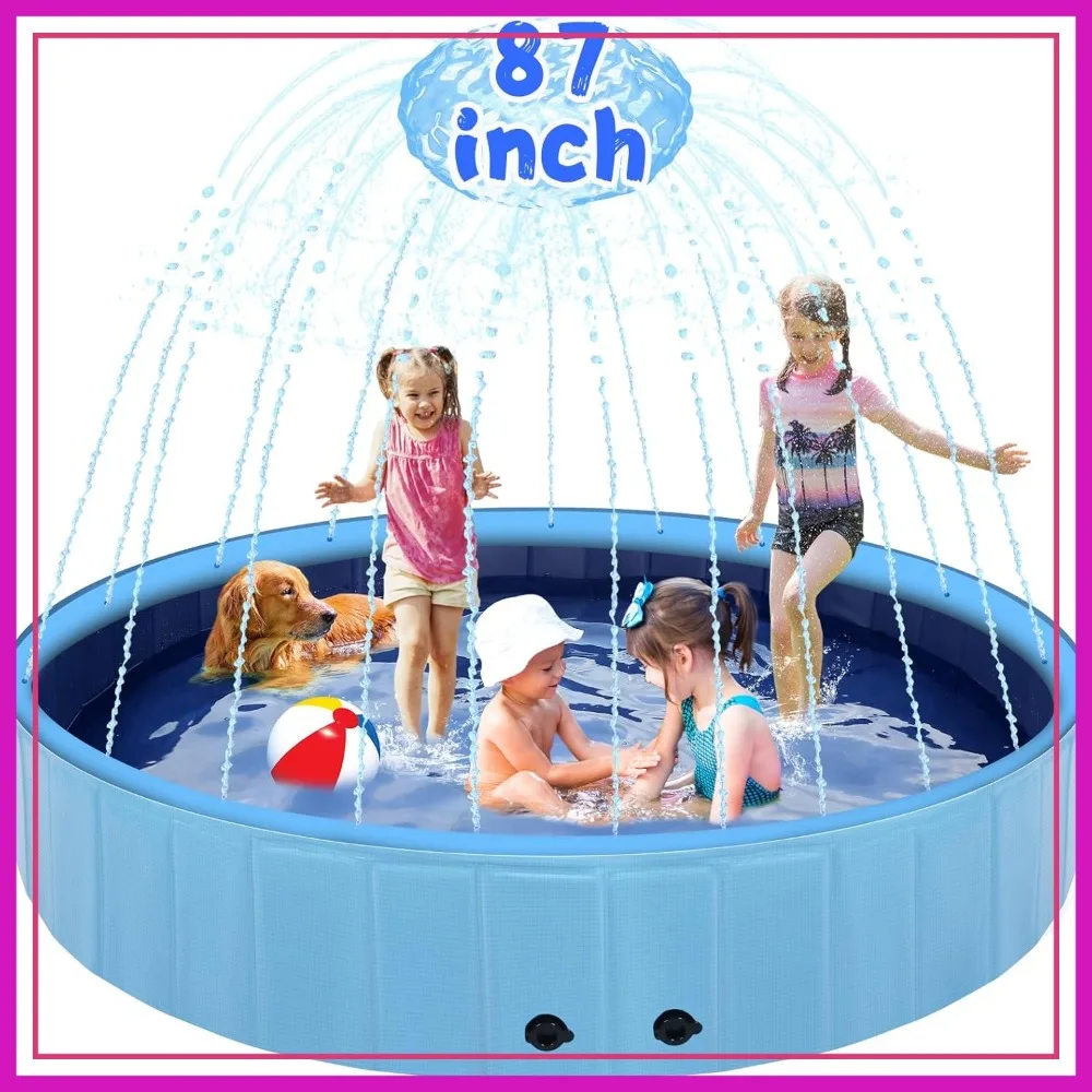 

87" 2-in-1 Foldable Dog Pool with Sprinkler, Non-Slip Hard Plastic Splash Pool for Outdoor Backyard Pets