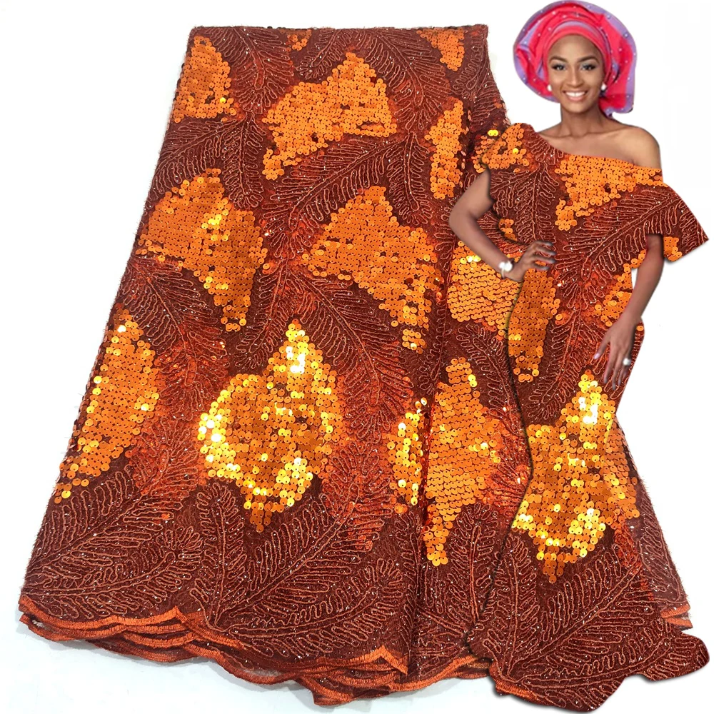 

Latest African Sequin Lace Fabrics High Quality Sequence Embroidery Orange French Nigerian Lace Fabric For Wedding Aso Ebi Party