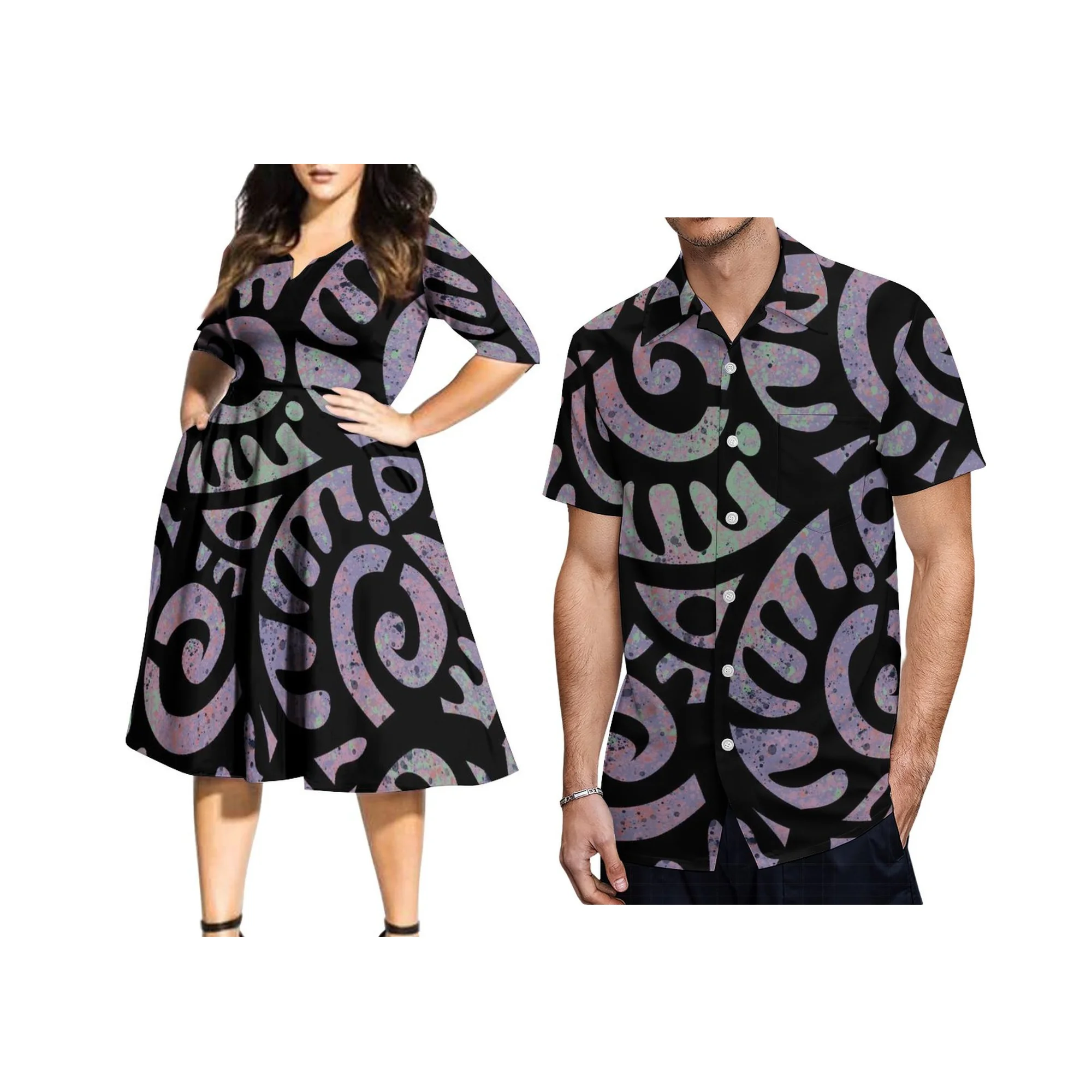 High Quality Custom Logo Hawaii Island Style Dress Polynesian Tribal Samoan Dress High Waist Dress V Neck Half Sleeve Long Casua