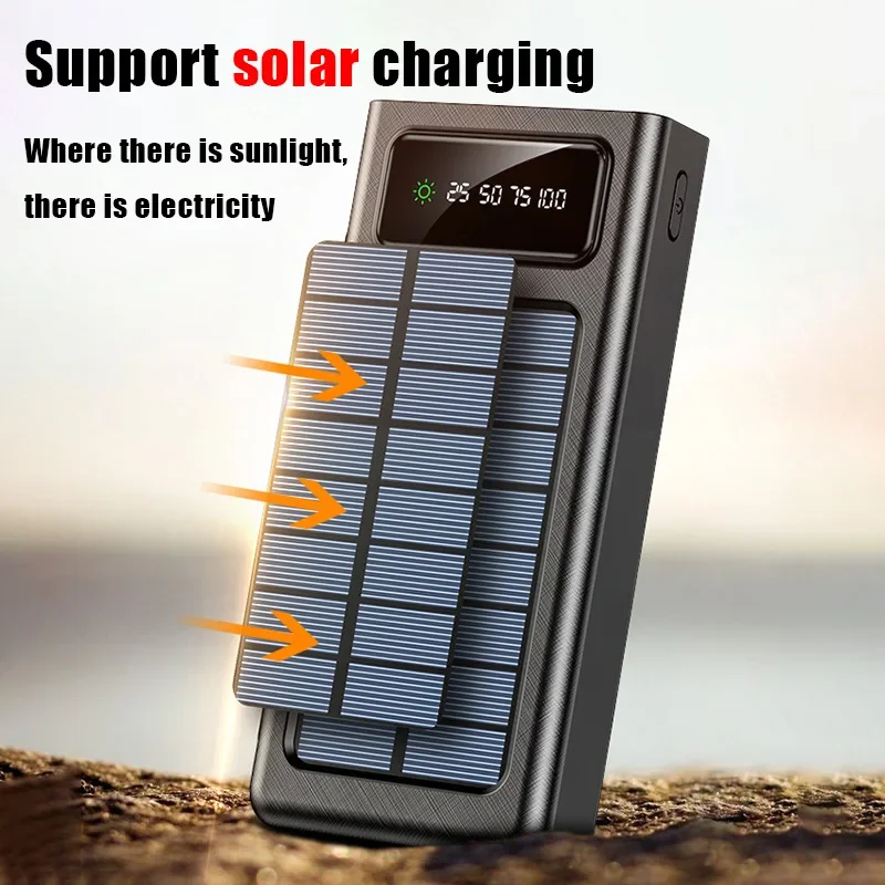 200000mAh Solar Power Bank Built 4 Cables Conveniente Fast Charging USB Ports Charger Powerbank For Iphone Xiaomi Samsung