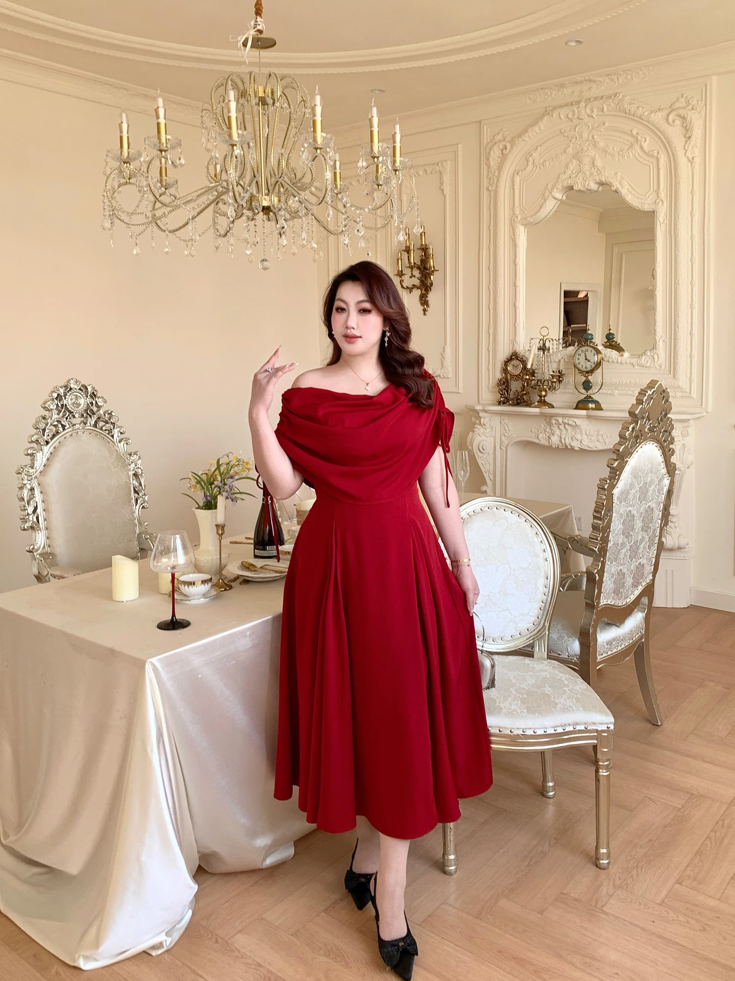 

GLEC plus Size Summer New Vintage off Shoulder Gown Design Sense Wide Skirt Dress French Style Slim Fit Hand Ironed Pleats Hi...