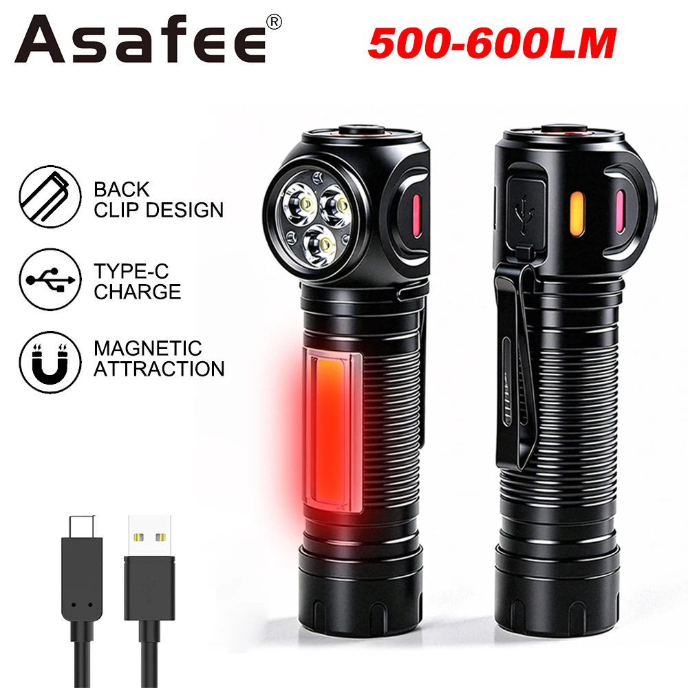 Asafee MJ-253 600LM Rechargeable EDC Flashlight 6 Modes IPX4 Waterproof Magnetic Pocket Work Light For Camping Repair Emergency