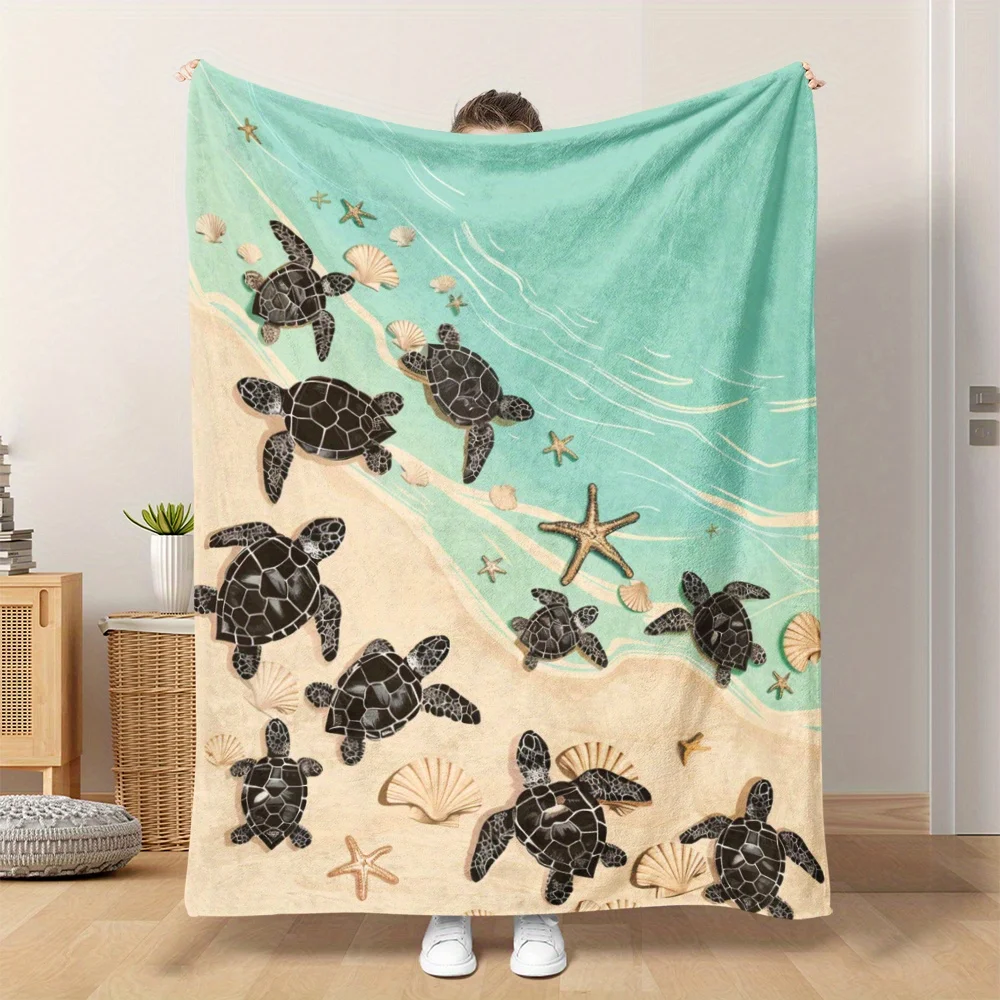

Винтажное одеяло с пляжным принтом черепахи: мягкое и теплое, идеально подходит для сна, кемпинга, путешествий, автомобилей, офисного домашнего декора — все сезоны