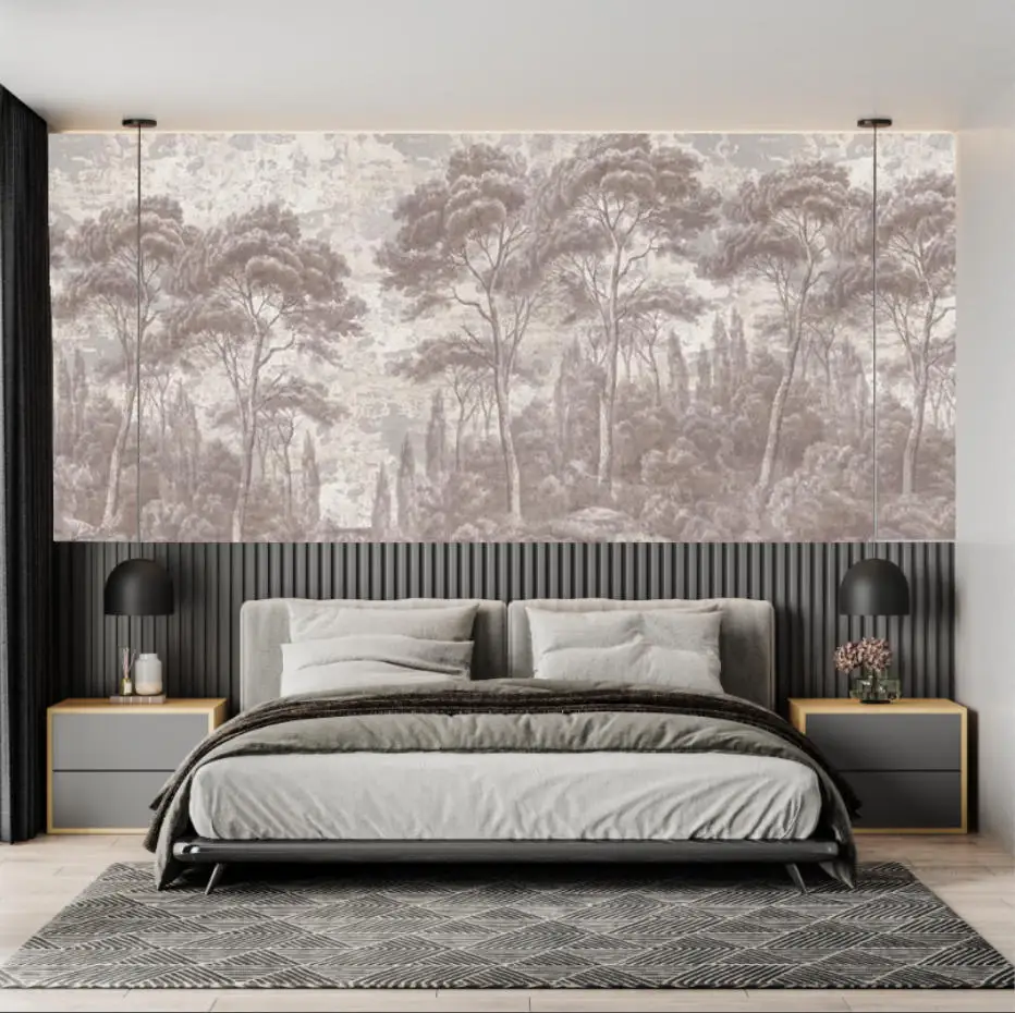 Customized wallpaper black and white retro jungle canopy wallpaper European blue canopy beige jungle decoration painting murals