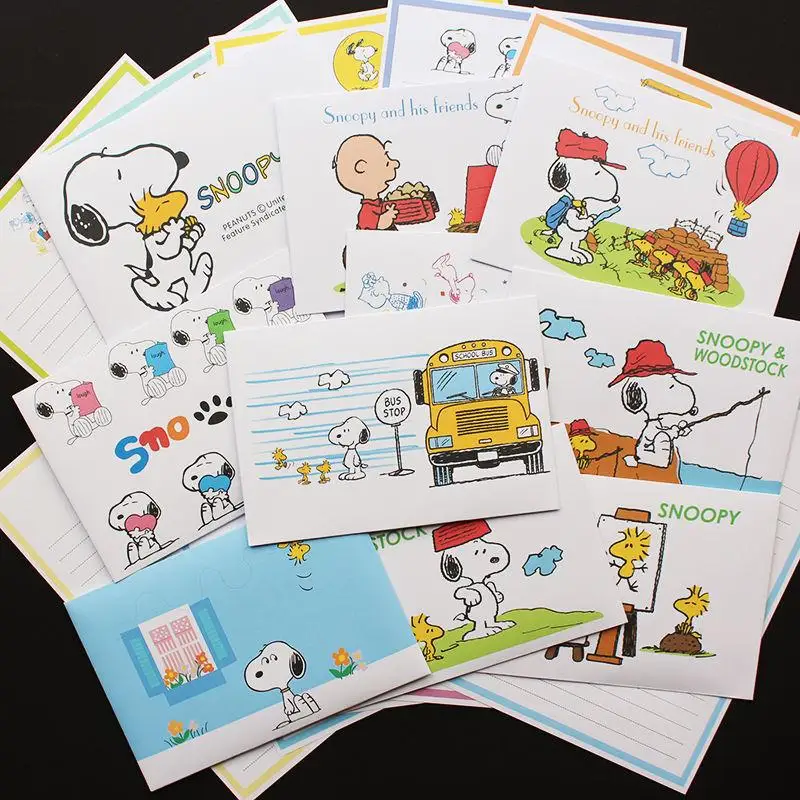 New Kawaii Miniso Snoopy Anime Cartoon Envelope Letterhead Set Fresh Cute Letterhead Writing Paper Holiday Greeting Cards Gift