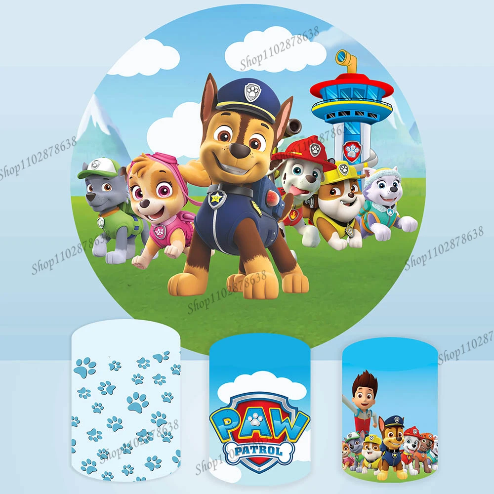 

Paw Patrol Backdrop Banner Round Cover Children Birthday Party Background Observation Tower Sky Cloud Pedestal Elastic Decor ﻿