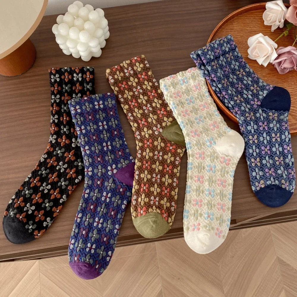 5 Pair/Lot Fashion Print Patterns Women Socks Vintage Harajuku Middle Tube Cute Street Style Autumn  Winter Long Sokken Vrouwen