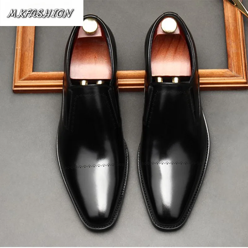 Men Genuine Leather Loafers Pointed Toe Breathable Business Casual Oxfords Dress Shoes