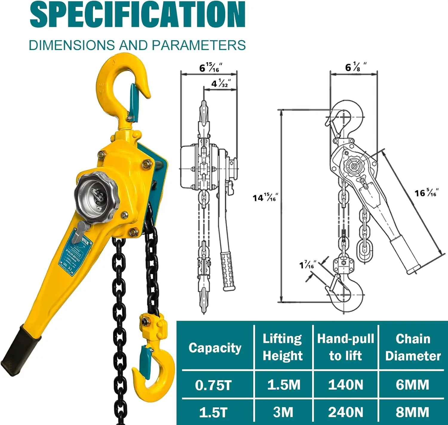 1.5 Ton Manual Chain Hoist, 3300LBS Capacity, 10FT G80 Alloy Steel with Auto Chain & 360° Hook for Garage Factory