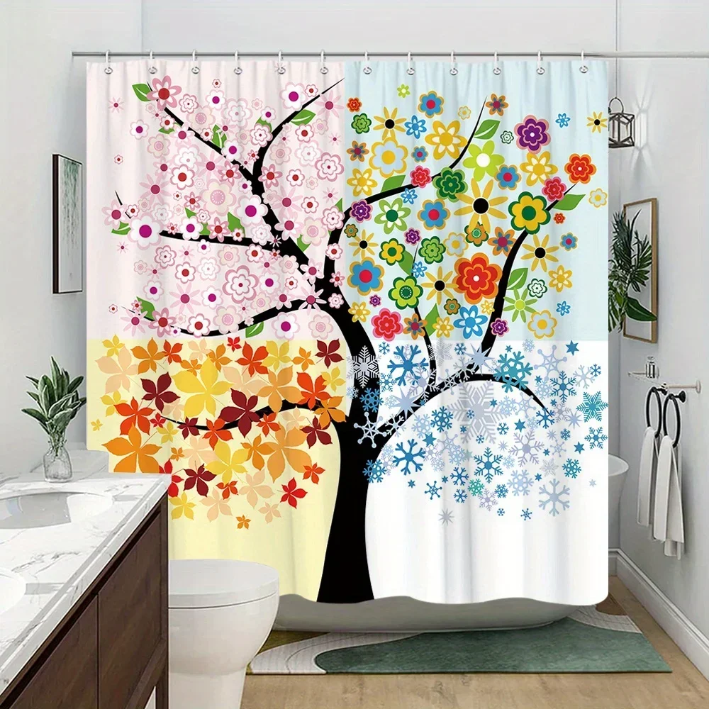Zasłona prysznicowa z motywem czterech pór roku - wzory od wiosny do zimy, 12 haczyków, poliester nadający się do prania, abstrakcyjny kwiatowy wystrój łazienki