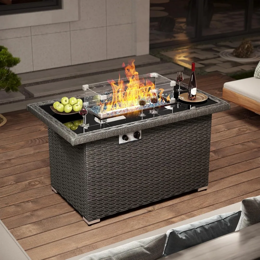 Fire Pits,44 inch outdoor propane gas pit table with hand woven rattan pattern tempered glass tabletop, 50000 BTU,Fire Pits.